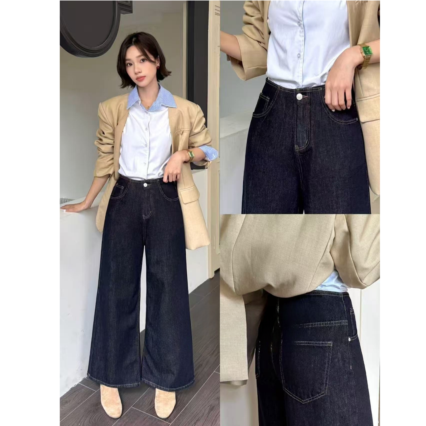 A019高腰秋季厚款秋冬女阔腿裤牛仔裤时尚夏季显瘦宽松