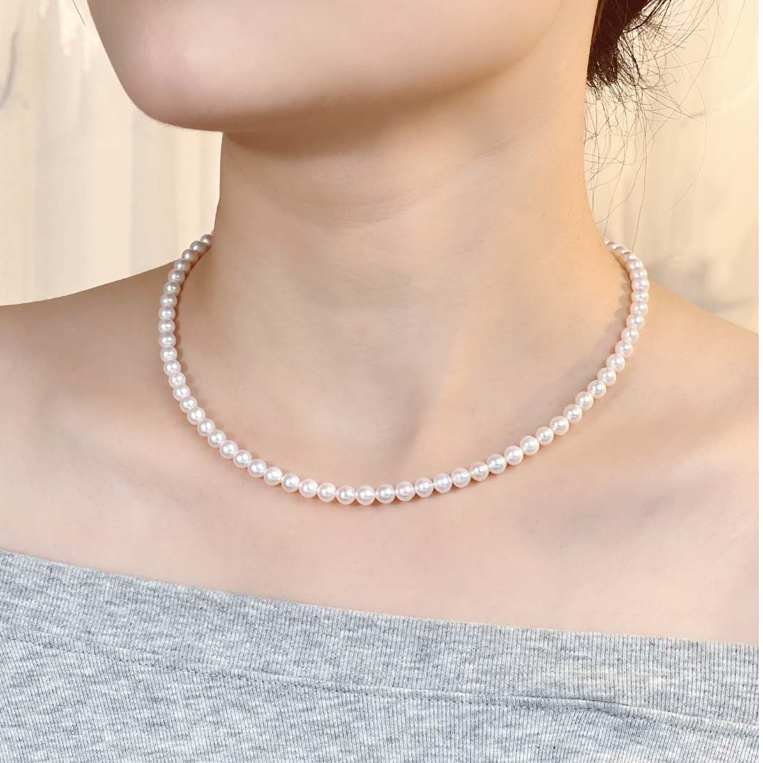 珍珠项链5.5mm-6.5mm天然淡水无核正圆珍珠素链带鉴定证书