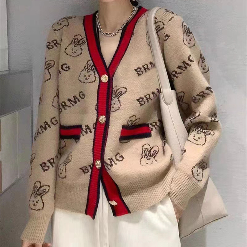 2025年早春新款时尚拼色V领针织毛衣开衫外套ZQ164