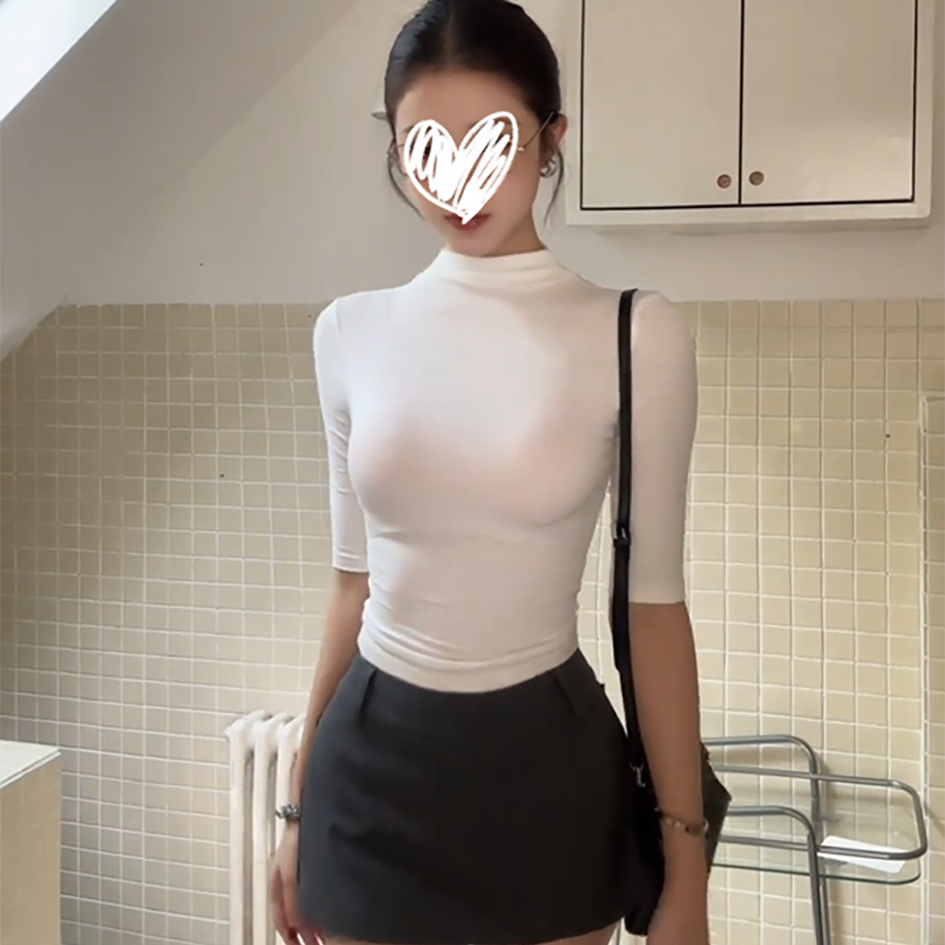 YIDENG春季新款中袖打底衫女春季纯欲紧身辣妹百搭短款上衣
