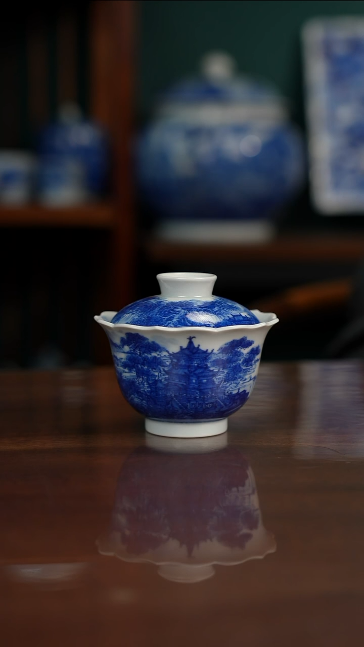 自成堂柴窑青花江楼揽胜图