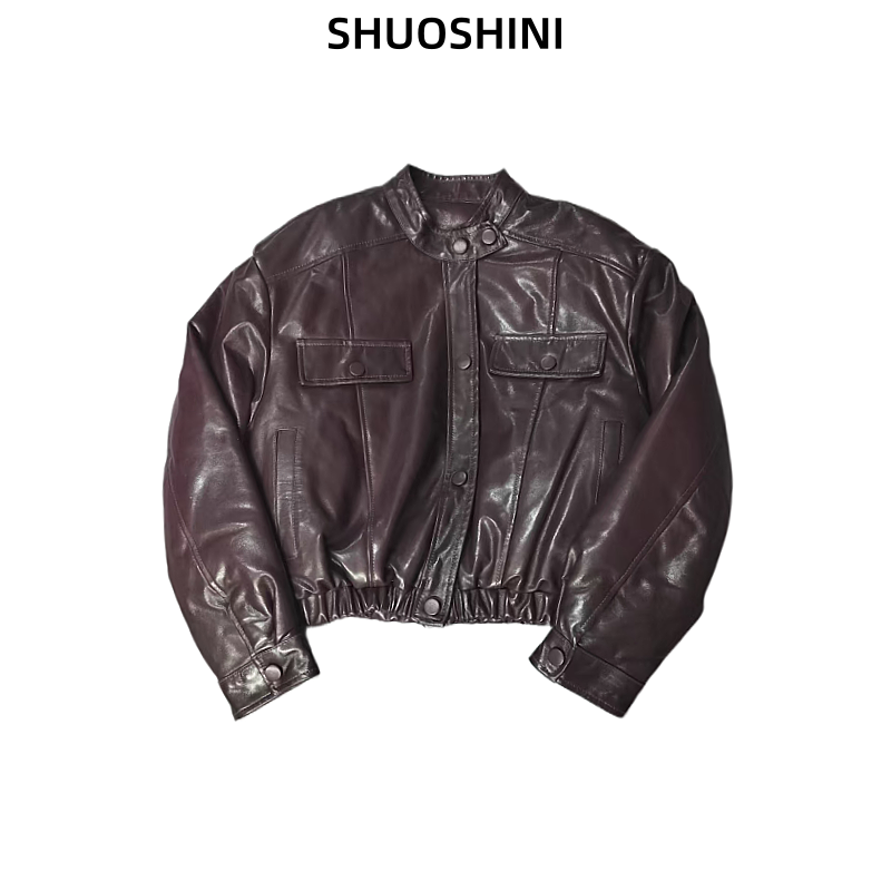 真皮头层绵羊皮羽绒服机车时尚百搭潮流女士冬季立领短款保暖外套