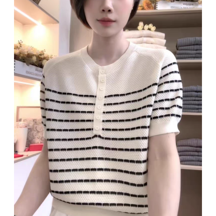【例畔精选】2025时尚气质圆领半排扣条纹显瘦百搭针织衫A671#