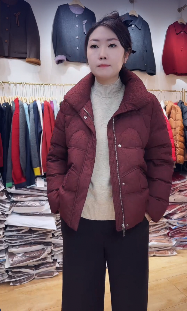 口袋短款风翻领气质高品质中年女装网红休闲百搭秋冬羽绒棉衣D112