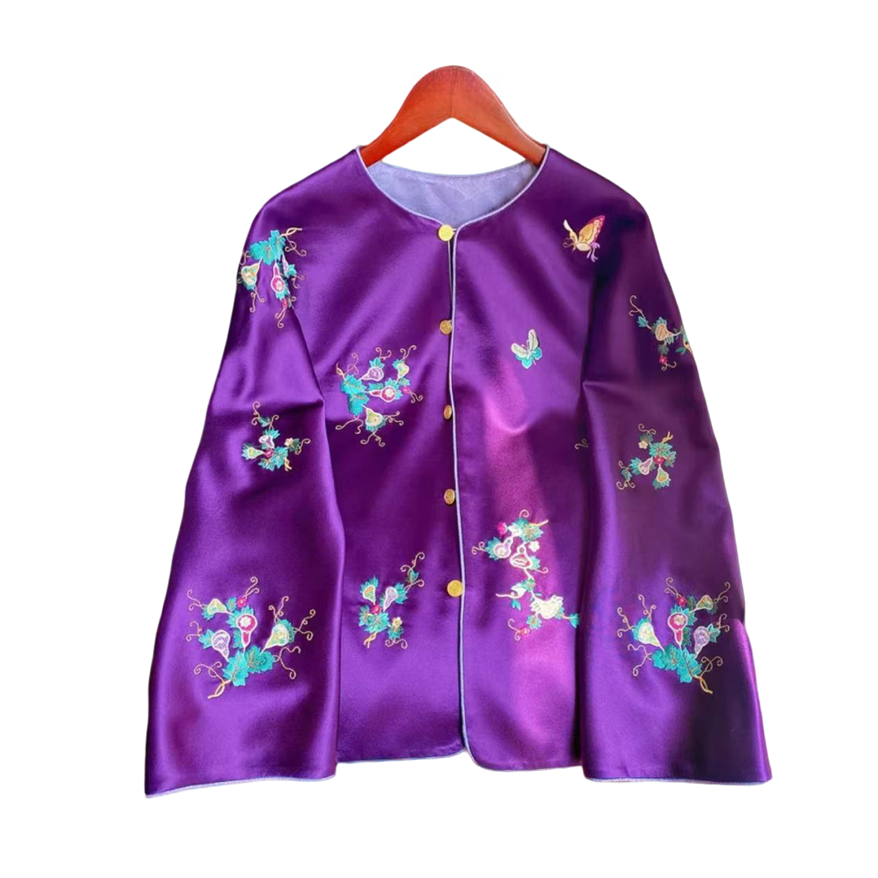 秋冬醋酸真丝新中式绣花上衣紫色复古对襟刺绣国风双面双穿外套女