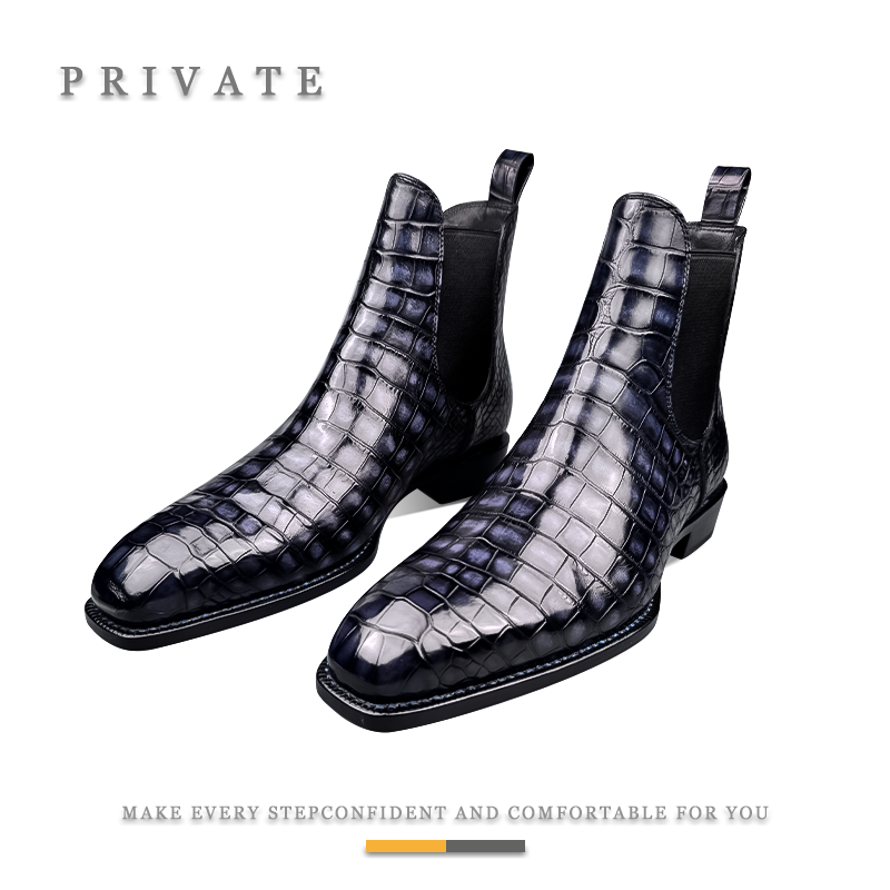 PRIVATE顶奢定制整片鳄鱼皮手工男鞋挪威缝线切尔西靴子老钱风