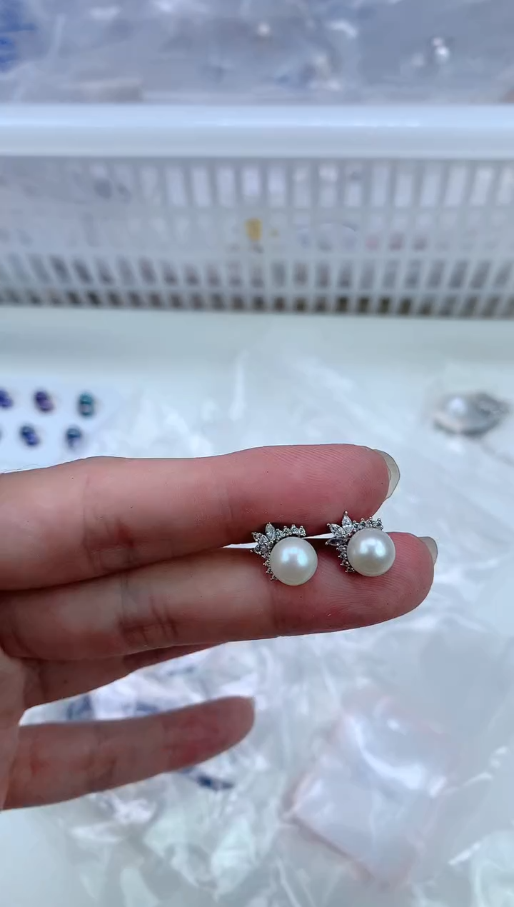 银S925镶嵌耳钉淡水珍珠16