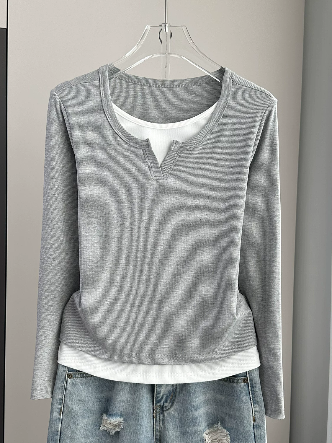 长袖假两件V领拼接非图片款