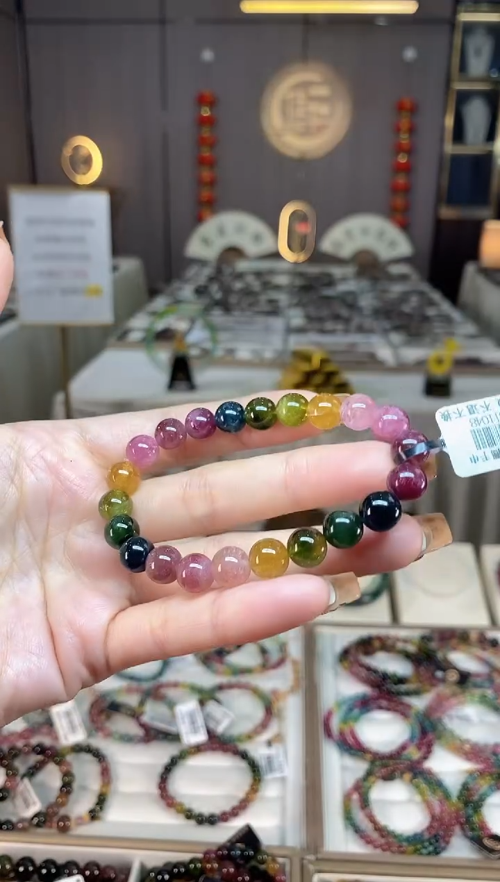 未镶嵌老矿碧玺色标彩虹单圈手串8mm+碧玺dan多样性发货一条