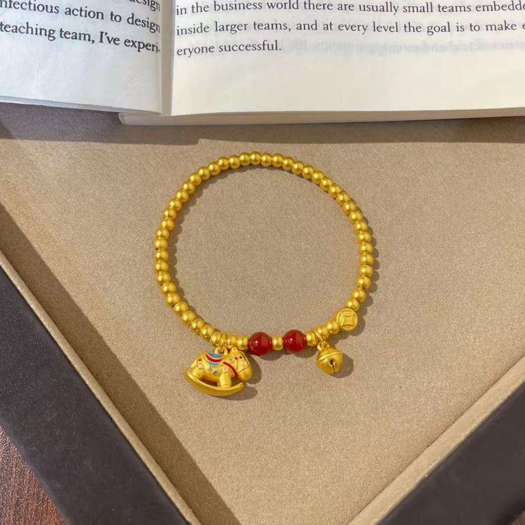 瑞诺黄金木马金珠手链女新款足金999铜钱铃铛转运手串礼物送女友