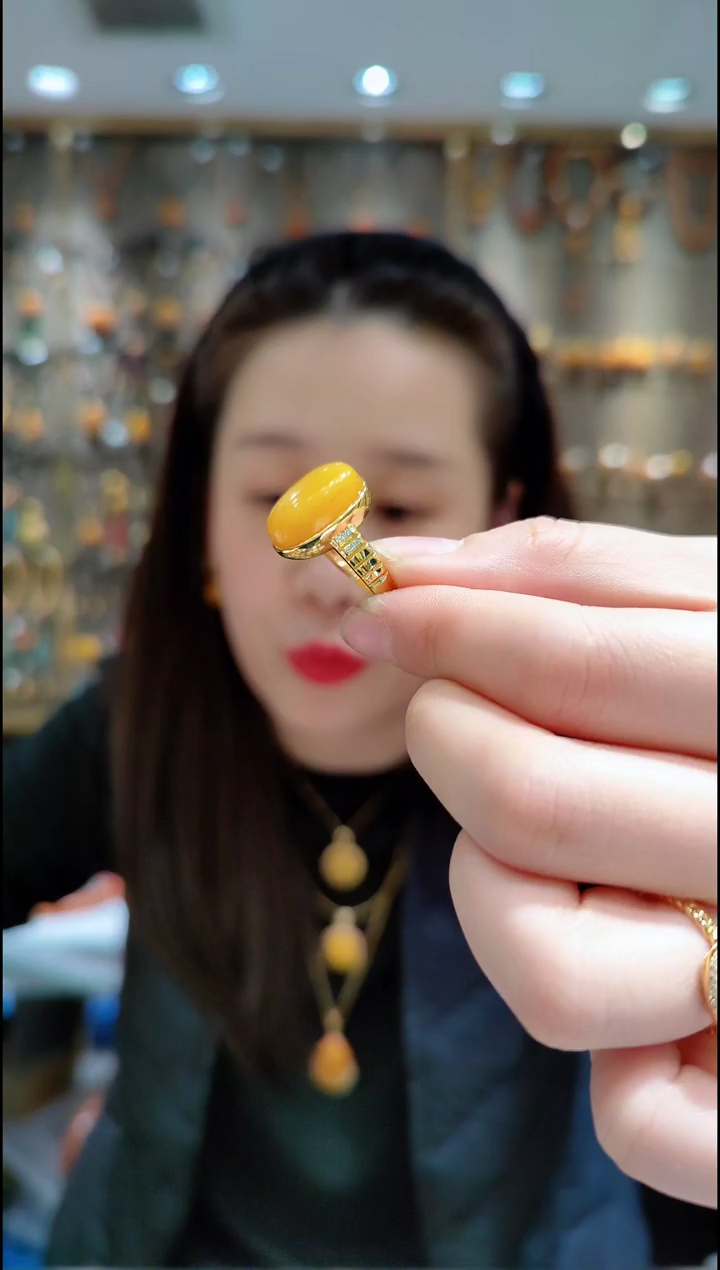 蜜蜡银S925镀金镶嵌珠宝奇石﹣A503蜜蜡戒指