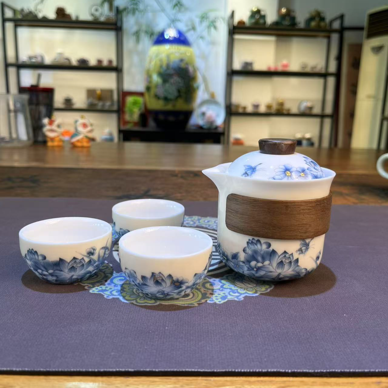 kk0238-蝶恋花陶瓷旅行快客杯（带包）GS茶具家用茶杯