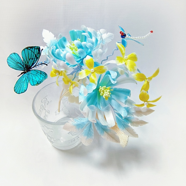 龙跃手作 《蓝白色渐变绒花 双头菊》