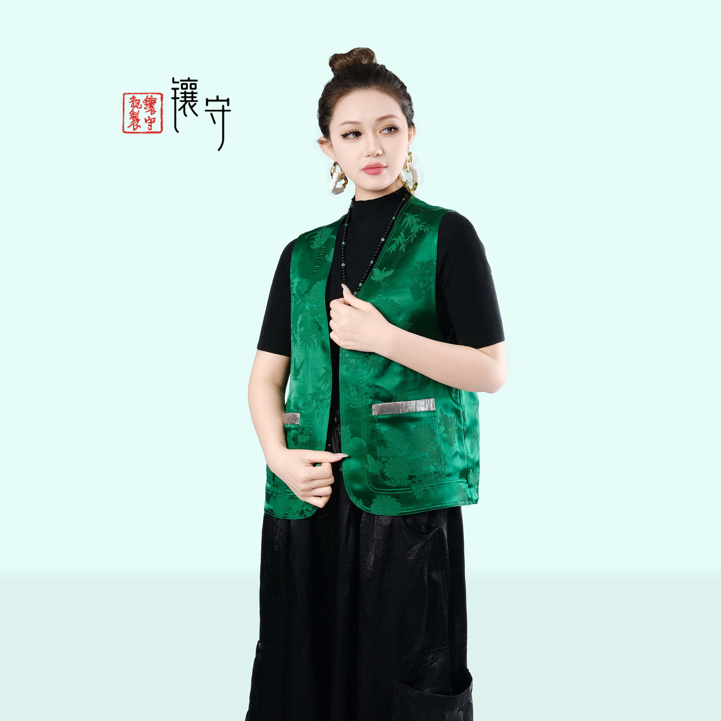 【镶守·简约】春季轻奢新中式印花古风黑绿时尚双面穿百搭马甲G3876