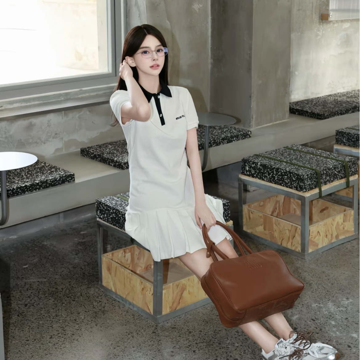 未使用 MIU MIU/缪缪 LOGO翻领短袖连衣裙 白色/S