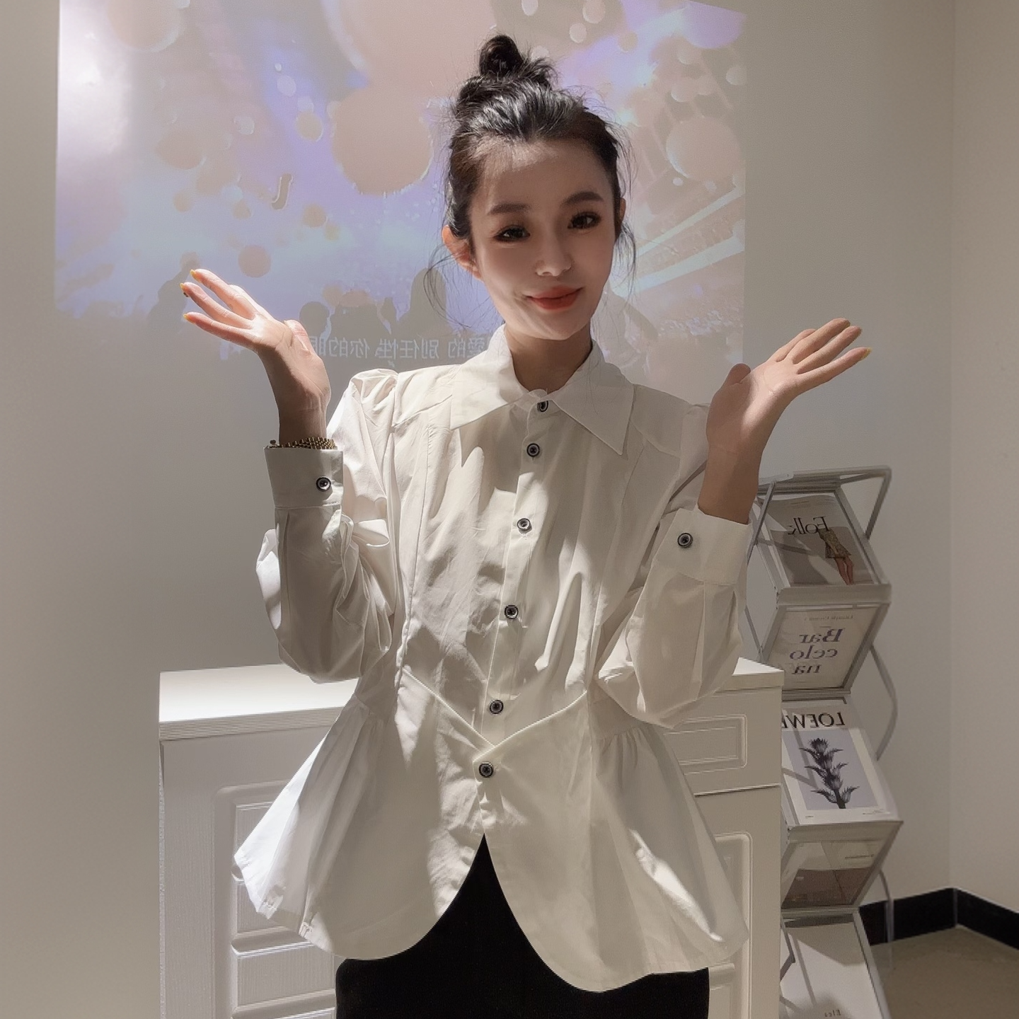 2509韩版设计感荷叶摆腰封衬衫