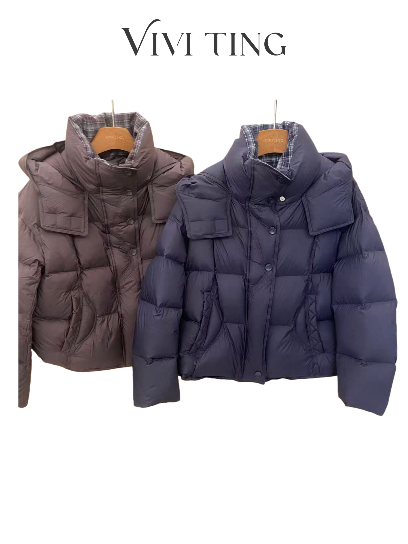 【VIVI·TING】婷姐推荐冬季极简风简约连帽领拼格纹定位羽绒服W29