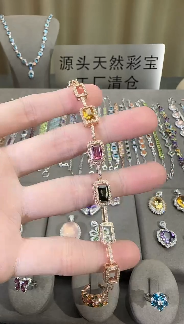 银S925镶嵌手链碧玺10*8mm手链简约款多样性发一