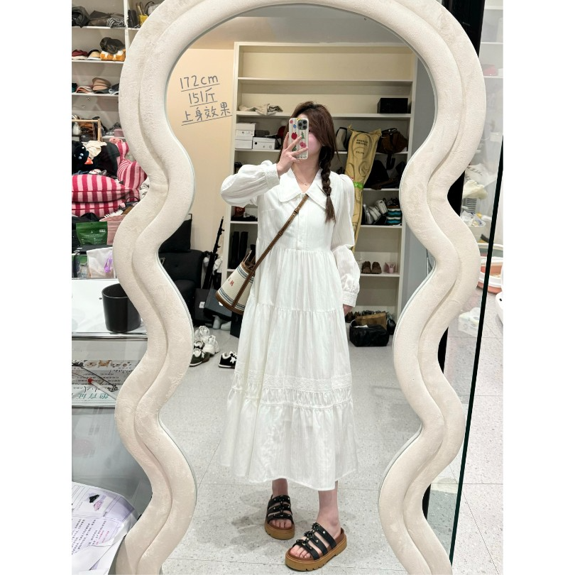 100棉 晶咕【白月光】法式大翻领纯色长蛋糕裙蕾丝白色复古温柔风