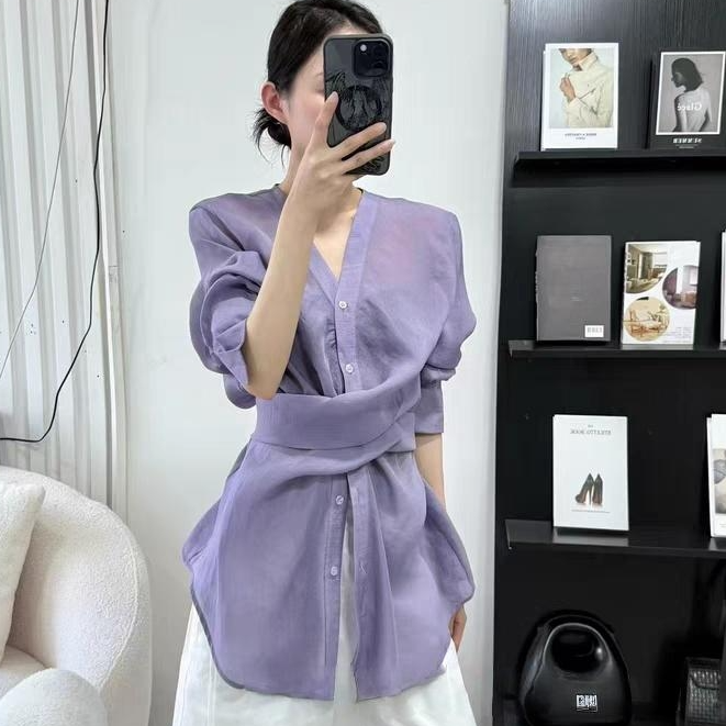 【慢慢壹店】2025夏季新款温柔感纯色系绑收腰轻薄长袖衬衫100100