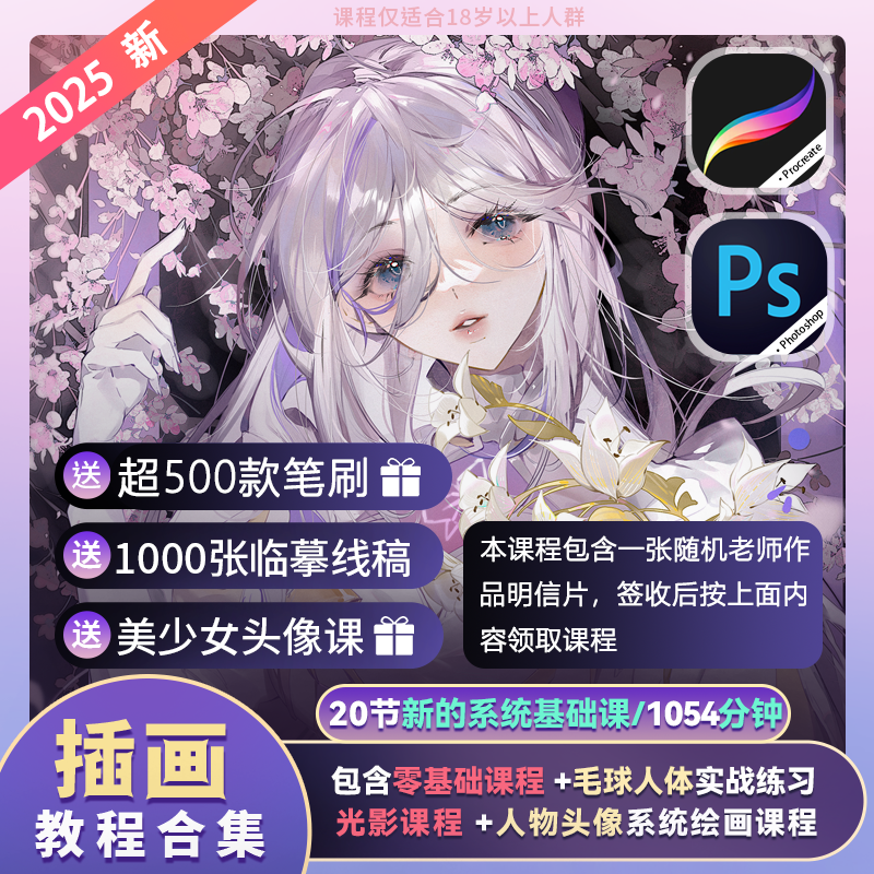 【零基础教程】板绘PS+IPAD学插画合集20节学技能控笔人物插画课程商品图