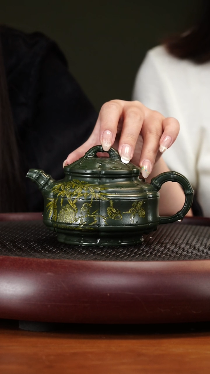 茶壶紫砂67WHJ六方隐角竹段 景舟绿泥300cc