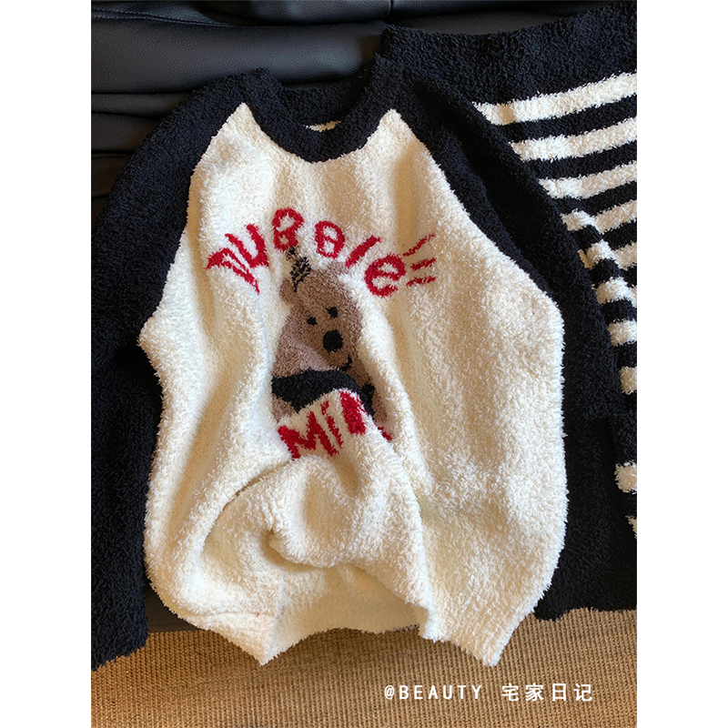 黑白条纹半边绒睡衣女款冬季加厚保暖针织套装长袖长裤家居服外穿