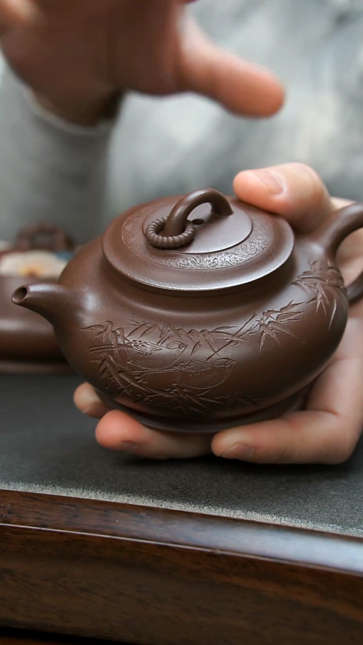 【闪购商品】紫砂茶壶紫泥刻绘鸟竹壶