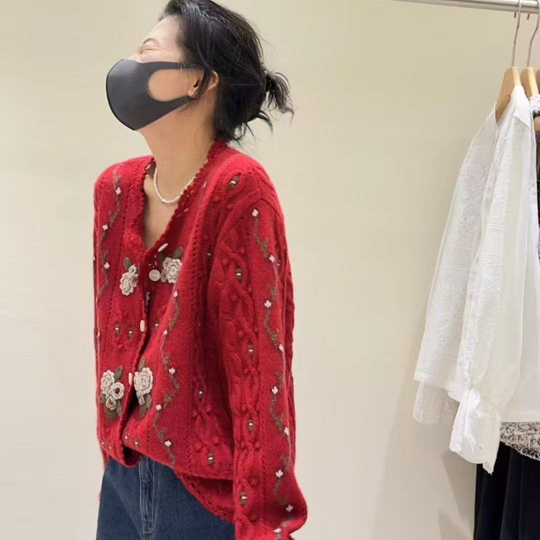 森系纯欲风秋季春季娃娃毛针织衫圆领毛衣红色针织衫