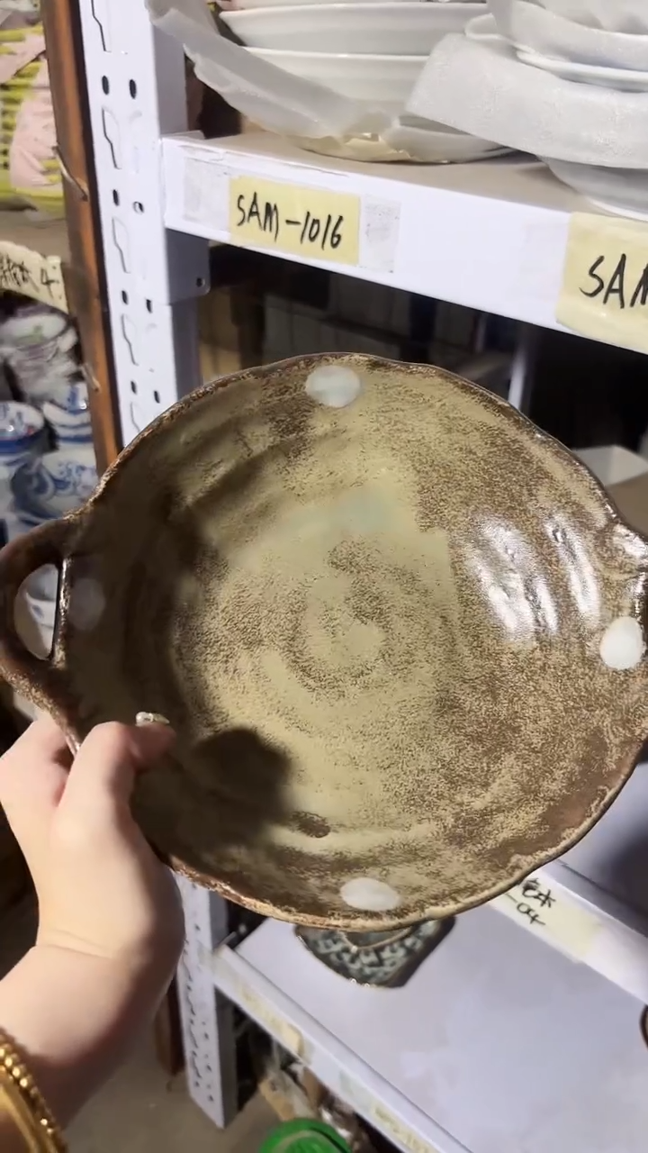 陶瓷美浓烧手绘双耳盘一个