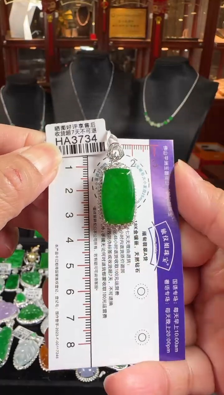 颈饰18K金镶嵌翡翠HA3734冰绿无事牌