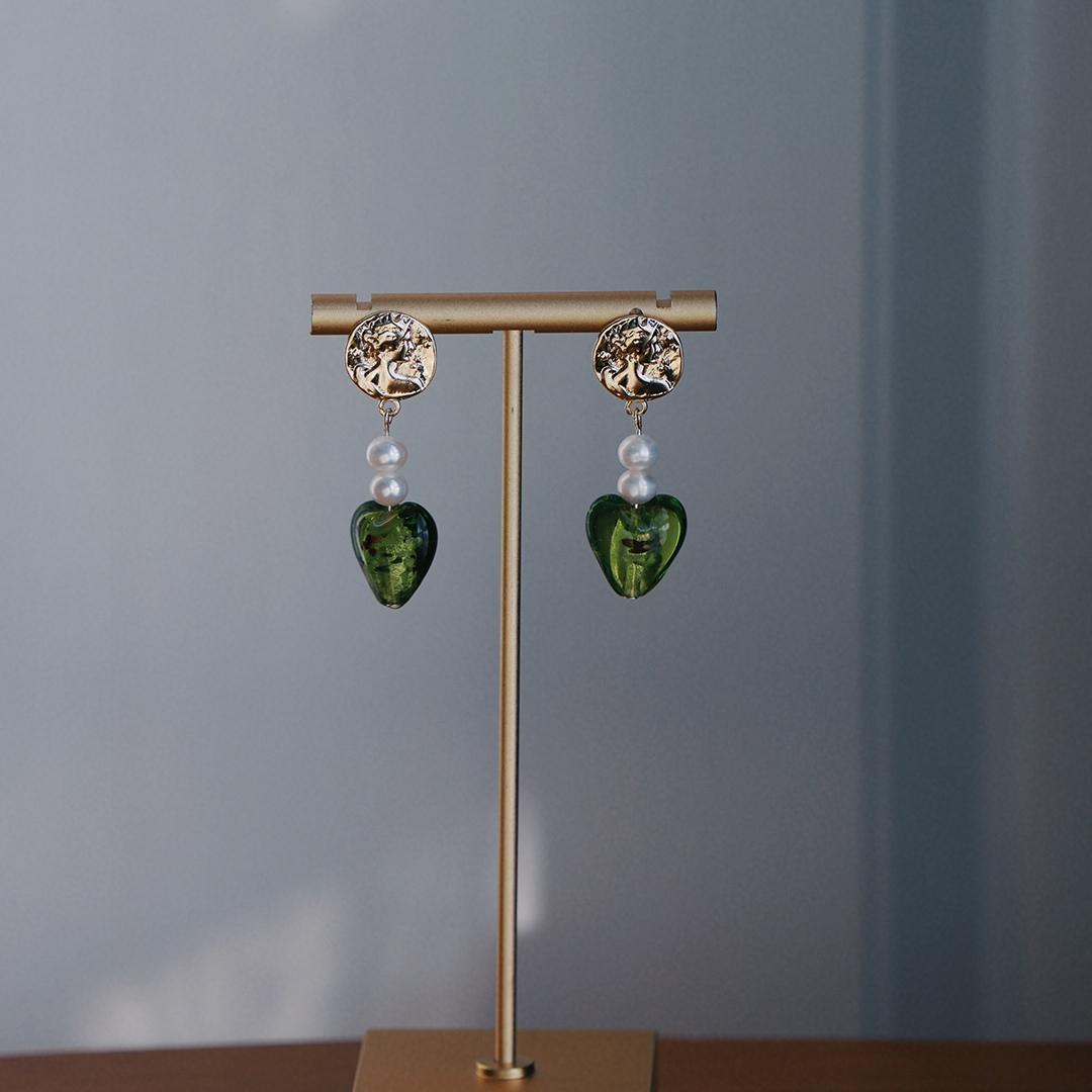合金玻璃耳饰 Dust無尘手作饰品 爱心绿色手工工烧制玻璃珍珠耳环