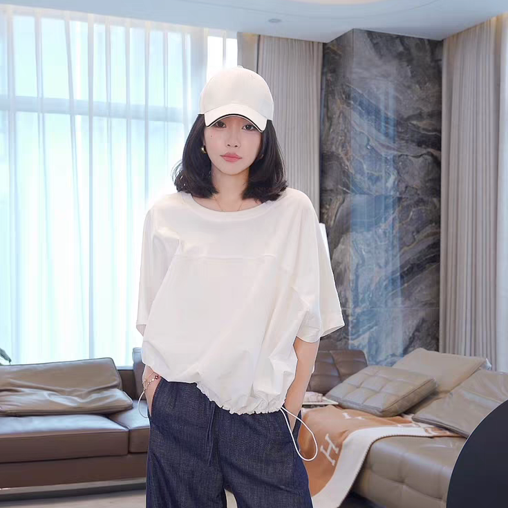 夏季女士短袖T恤02622宽松蝙蝠袖下摆可调节懒人穿搭时尚休闲