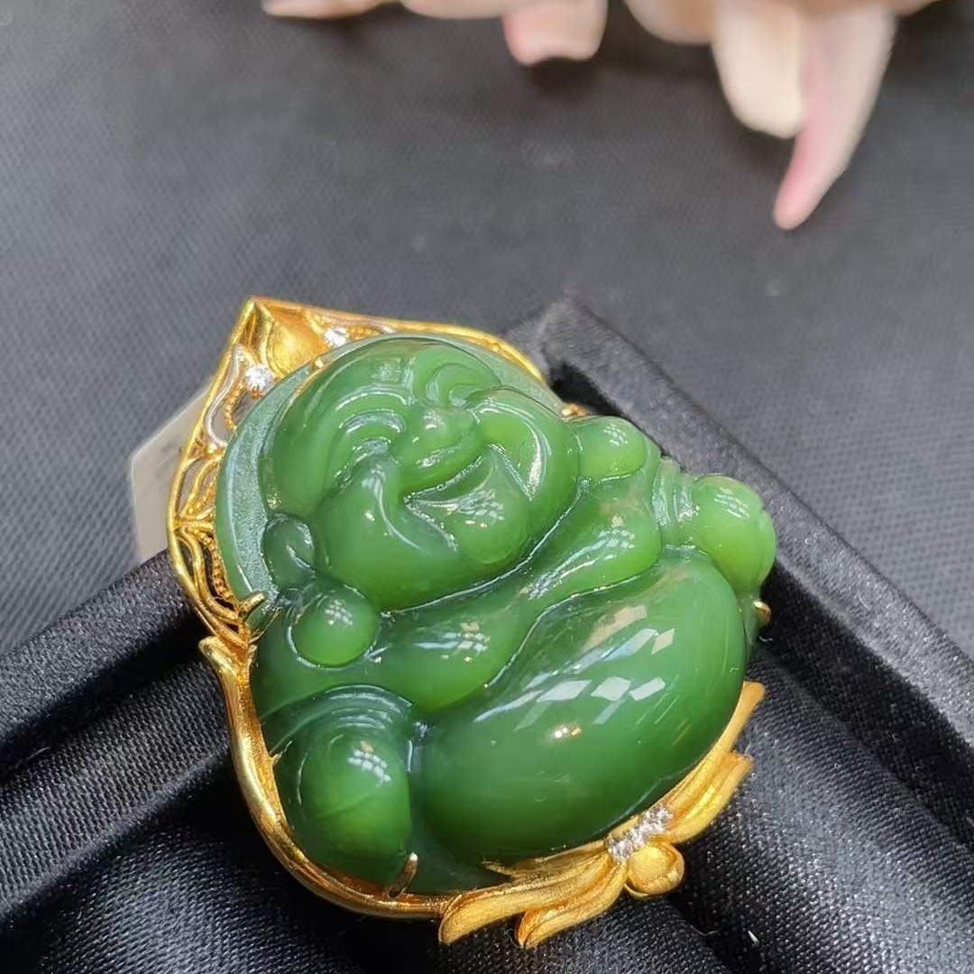 【年中大促】18K金和田玉碧玉猫眼佛公吊坠丨多样性发一