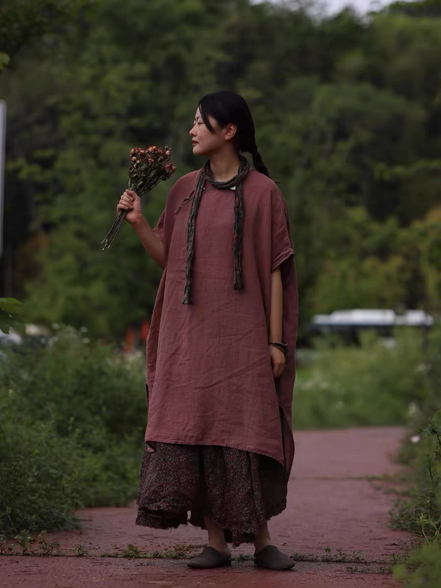 沉香布衣草堂 衣路走来 复古斜门襟袍子做旧亚麻袍裙  37645无折