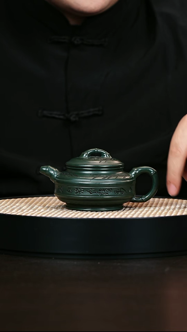 茶壶紫砂双线竹鼓 绿泥