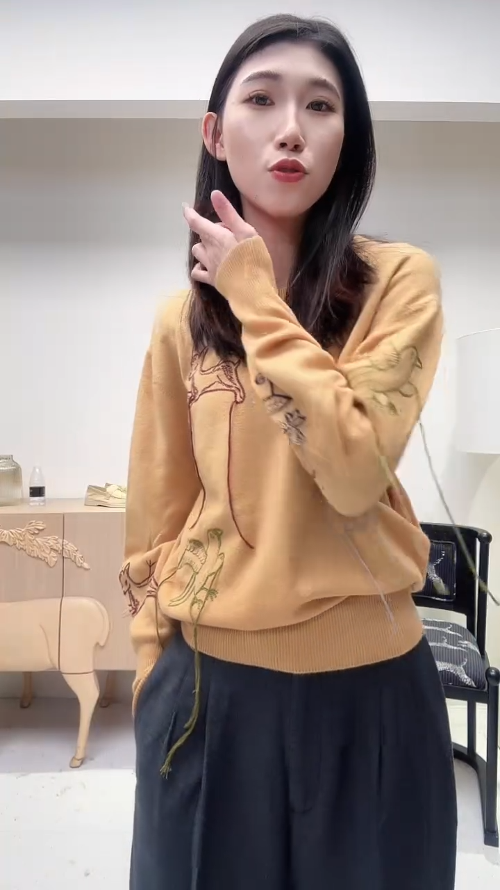 南瓜色小动物刺绣羊毛毛衣