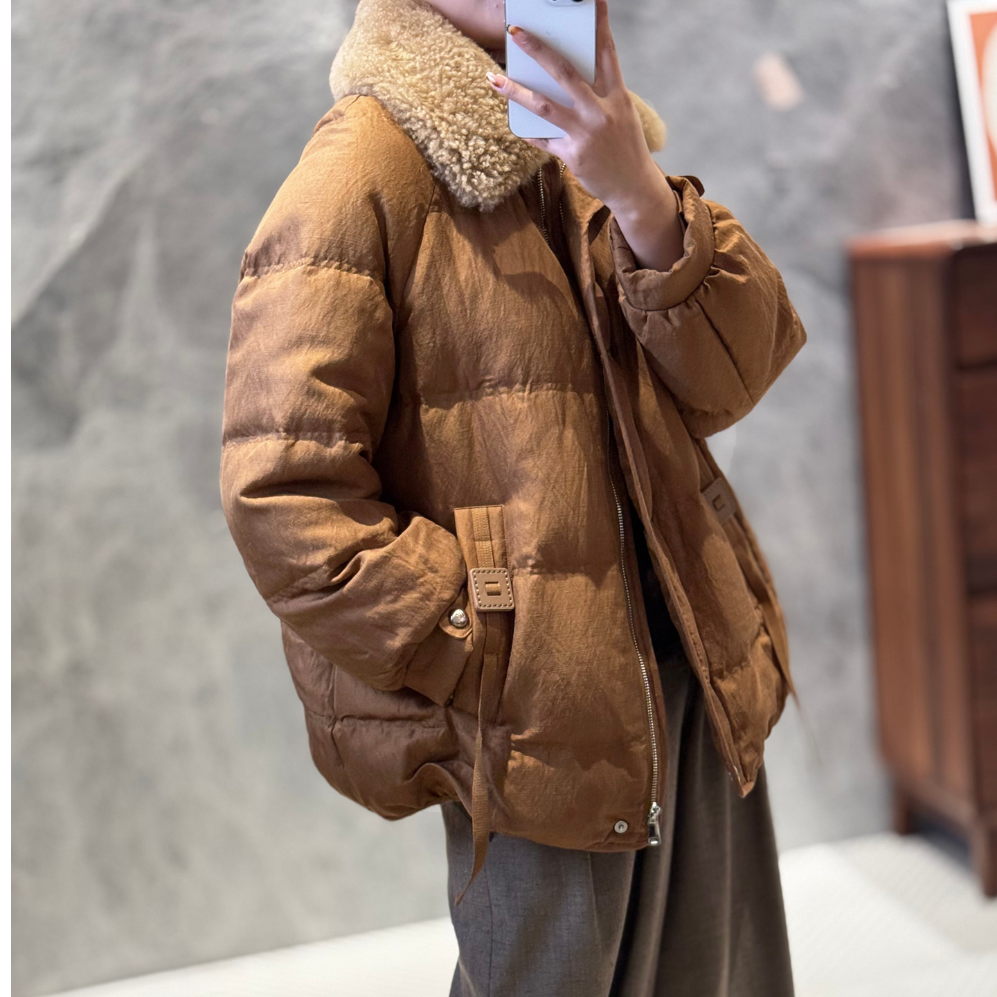 2025冬高端亚麻羽绒服女中长款山羊绒大毛领鹅绒服加厚保暖外套