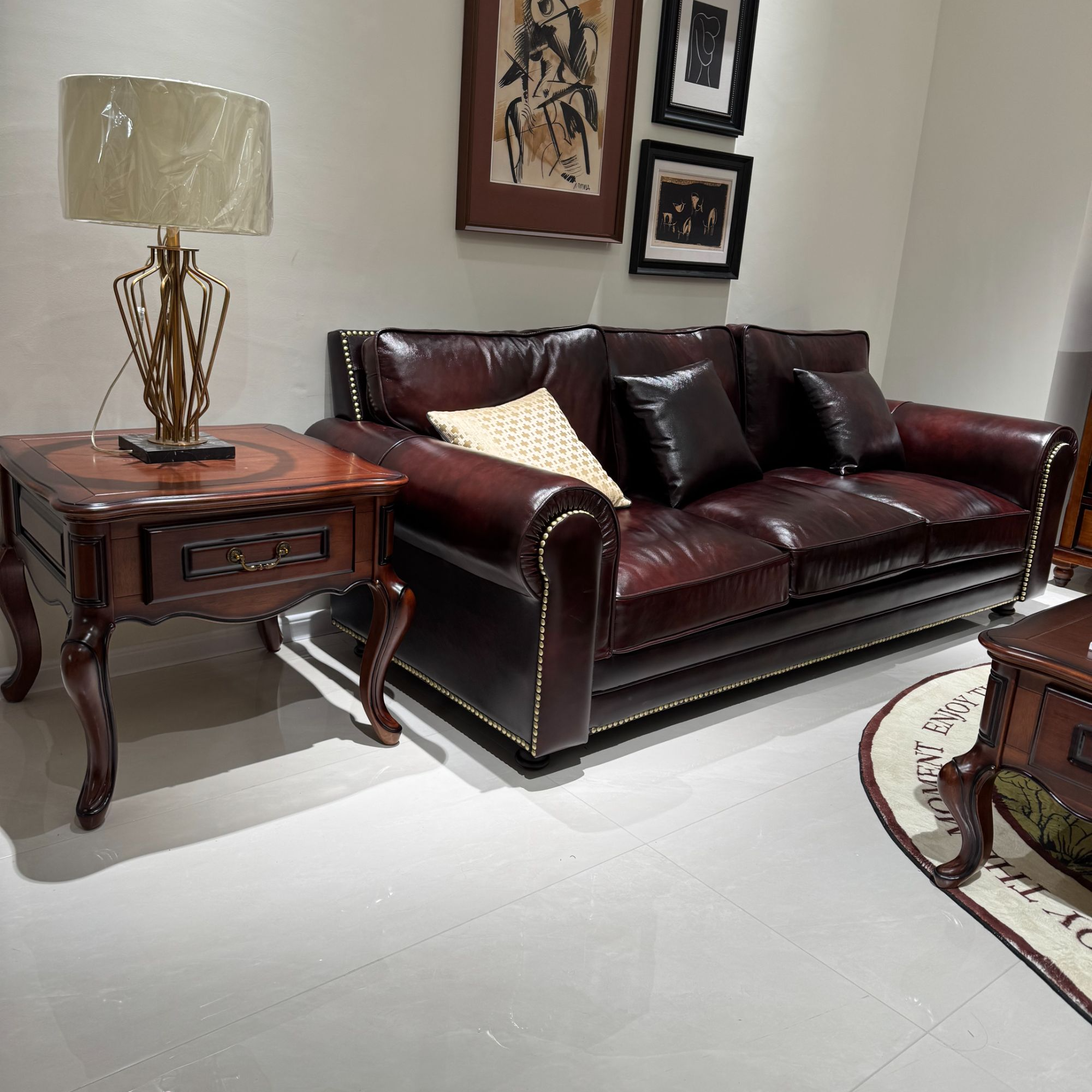 美式真皮沙发大户型复古实木大巴顿沙发头层牛皮沙发客厅家具