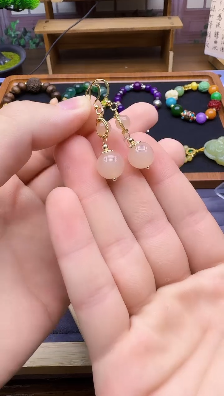 和田玉14K金镶嵌耳饰E60