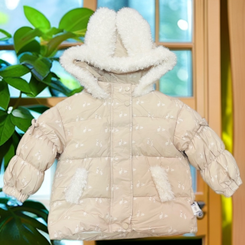 女童2025冬季新款加绒加厚连帽兔耳朵卡通棉服