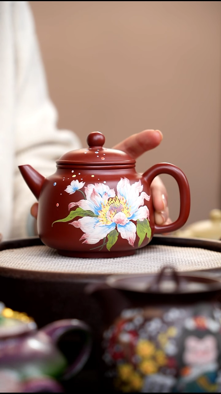 茶壶紫砂朱泥匏尊泥绘大花