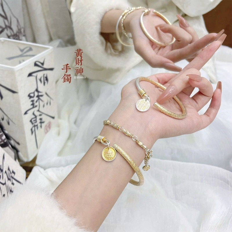 足银手镯 76号链接【描金黄财神】足银999.9手镯带证书礼盒包装