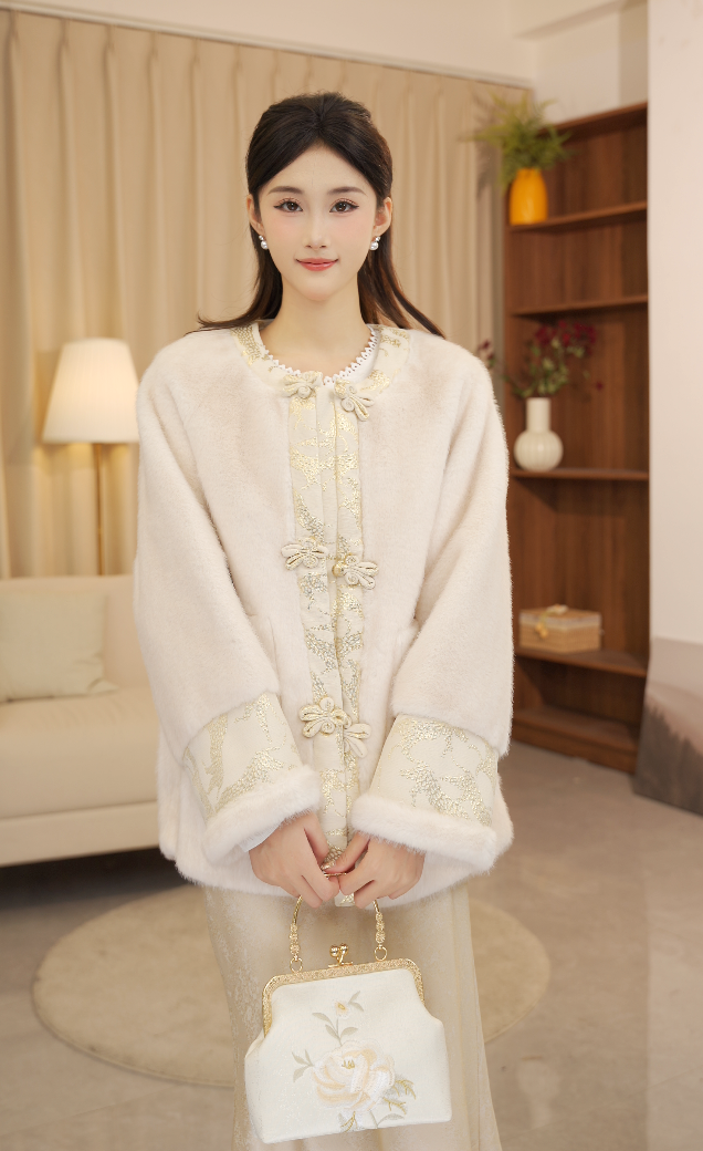 LULOZ【游园惊梦】新中式金丝花纹玉珠盘扣国风毛毛外套