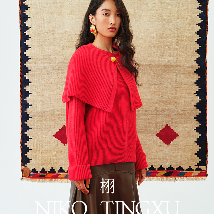 CELECT买手店NIKO TINGXU栩亭 胭脂红针织羊毛长袖斜开拉链毛衫