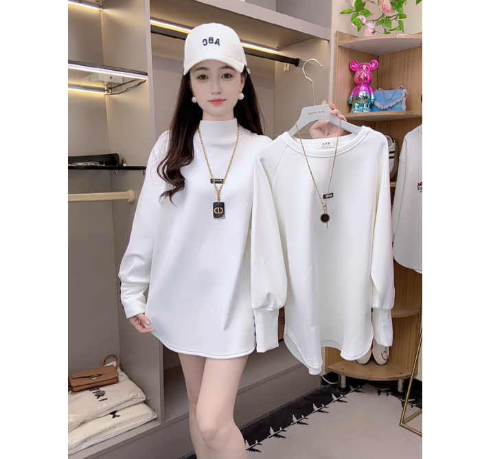 设计感四粒扣长袖T恤女秋冬新款宽松时尚百搭中长款内搭打底上衣