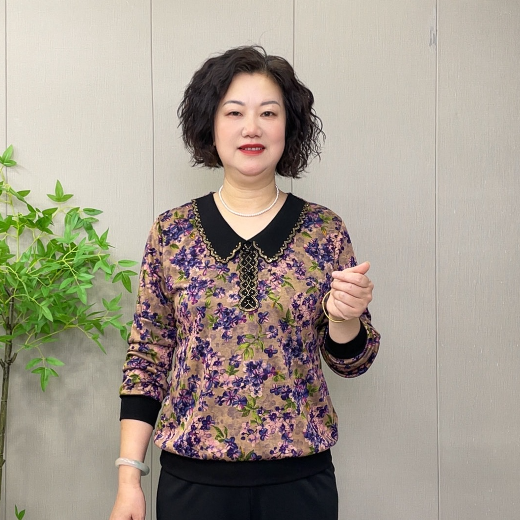 2025秋季新款时尚娃娃领烫钻气质洋气百搭宽松长袖薄款碎花打底衫
