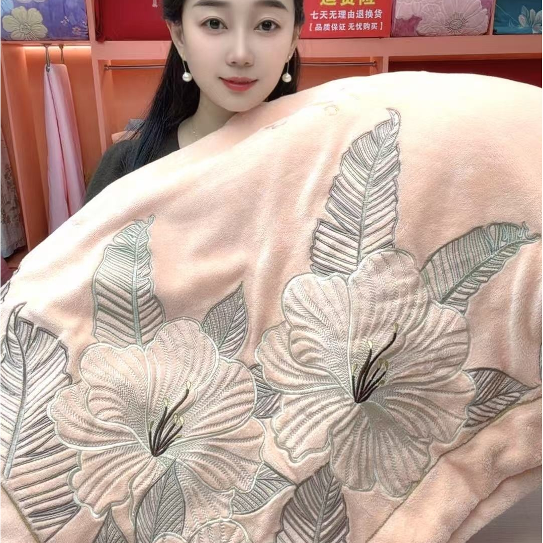 【如花】橙绣花加厚牛奶绒四件套刺绣牛奶绒被套大床单枕套4