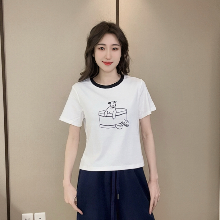印花撞色领子小狗短袖T恤显瘦时尚休闲百搭夏季圆领修身简约短款