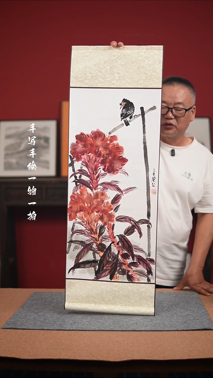 国画手绘-32*95卷轴花鸟